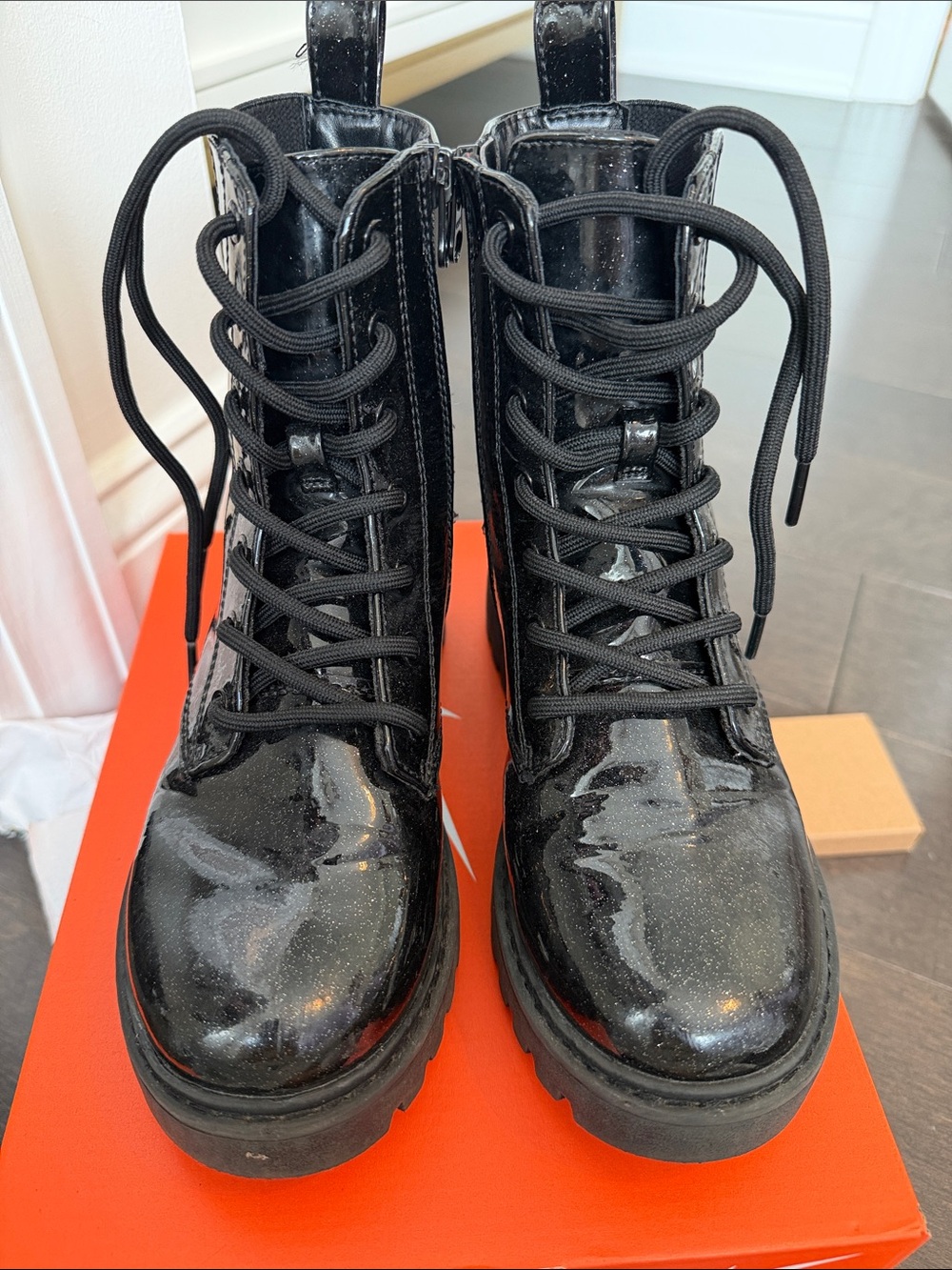 art class Black Patent Lace-Up Combat Boots with Glitter